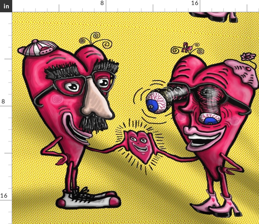 incognito valentines, funny valentine, jumbo large scale, comic cute cartoon pop art, yellow red pink black white blue