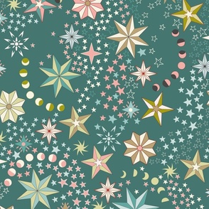 Retro dancing Christmas spaced ditsy stars with moon phases - light teal, sea glass, ivory, rose pink, teal, dark ivory and light olive on dark teal - jumbo