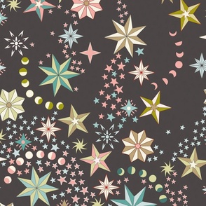 Retro dancing Christmas spaced ditsy stars with moon phases - ivory, rose pink, teal, dark ivory and light olive on charcoal - jumbo