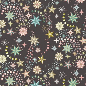 Retro dancing Christmas spaced ditsy stars with moon phases - ivory, rose pink, teal, dark ivory and light olive on charcoal - large