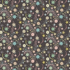 Retro dancing Christmas spaced ditsy stars with moon phases - ivory, rose pink, teal, dark ivory and light olive on charcoal - medium