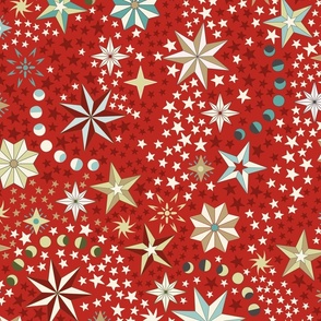 Retro dancing Christmas ditsy stars with moon phases - ivory, teal, dark poppy red, dark ivory and light olive on poppy red - jumbo