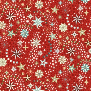 Retro dancing Christmas ditsy stars with moon phases - ivory, teal, dark poppy red, dark ivory and light olive on poppy red - large