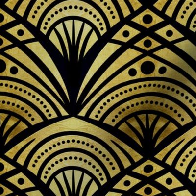 Scalloped Celtic Reeds Dotted Accents Art Nouveau, Black on Gold