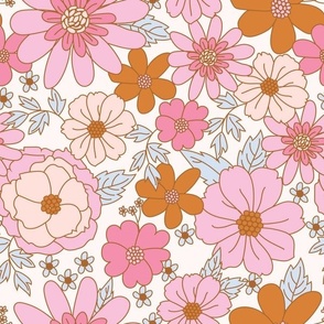 Retro Floral in Pastel Pink Blue and Tan Feminine Spring Valentine Flowers