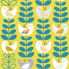 large scale_Peace dove- Mid-century design- Easter, Thanks Giving, Christmas- stylish white birds and Xmas trees- The Petal Solids Coordinates Joy_ Lagoon teal over Lemon lime background