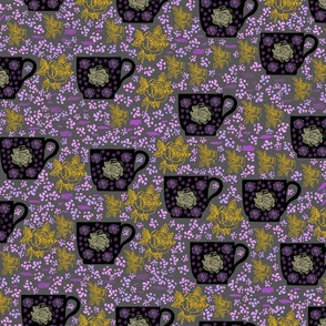 Purple and yellow tea cups