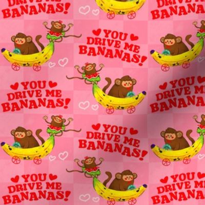 You Drive Me Bananas, Funny Monkey Driving Banana Car on Pink Checks