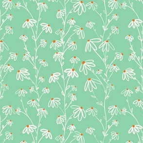 Growing  Daisies - Small Scale - Jade Green, White & Orange.