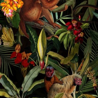 Costumer Request Darker Wallpaper - 14" Monkeys Bananas Flowers Tropical Jungle Black