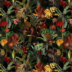 Costumer Request Darker Wallpaper - 14" Monkeys Bananas Flowers Tropical Jungle Black