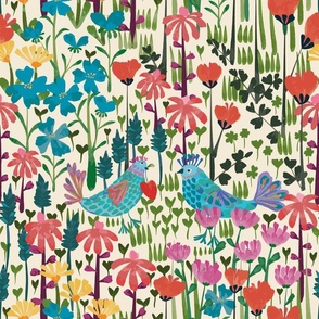 Hello tweet heart - light large 18" - colorful watercolor folk style birds amongst flowers