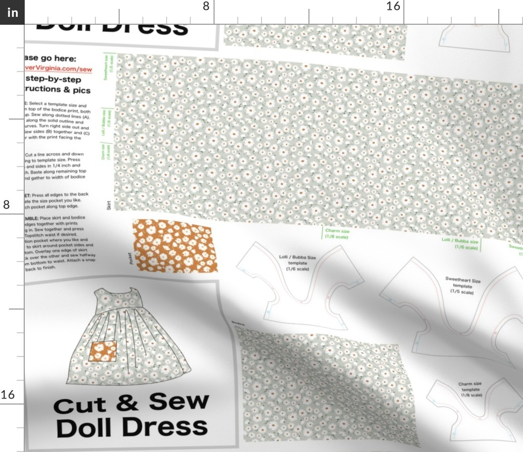 Strawflower Cut & Sew Doll Dress (mist) on FAT QUARTER for Forever Virginia Dolls and other 1/8, 1/6 and 1/5 scale child dolls  // little small scale tiny mini micro doll 