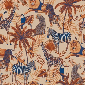 Sunset jungle animals - lion, tiger, jaguar, giraffe, zebra, monkey