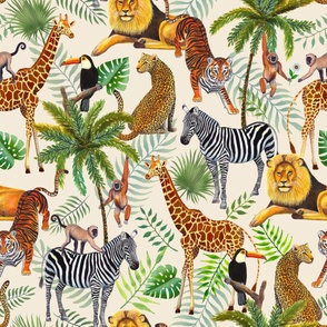 Colorful jungle animals - lion, zebra, monkey, tiger, jaguar, tiger, giraffe  