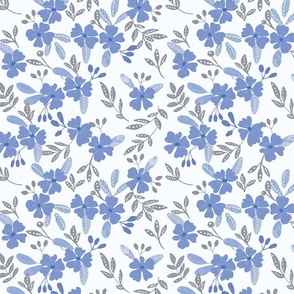 Blue and grey vinca floral pattern on white background small scale