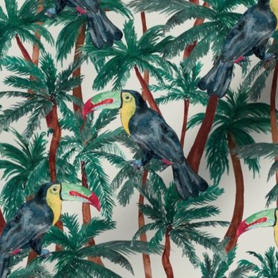 Hand Painted Tropical Watercolour Toucan With Palm Trees Off White Medium