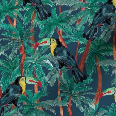 Hand Painted Tropical Watercolour Toucan With Palm Trees Navy Blue Medium