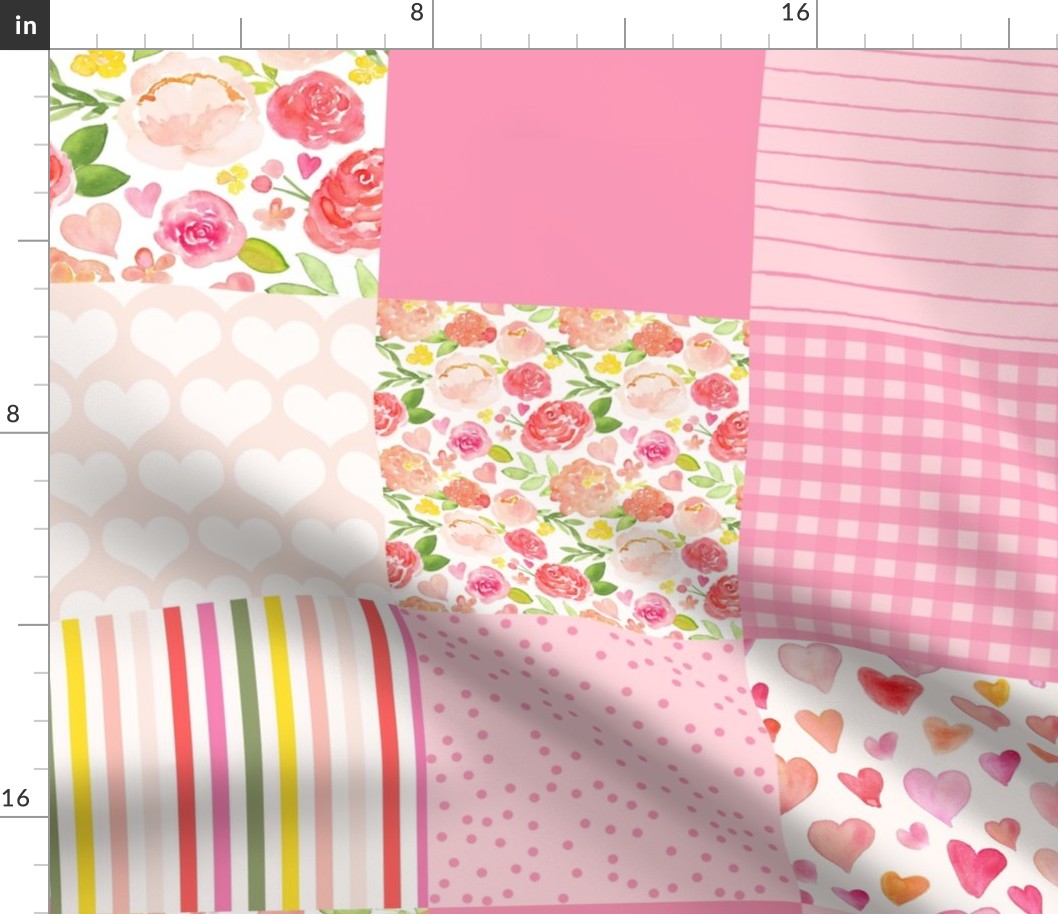 sweetness valentines floral faux quilt - pink 