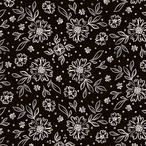 Cream line drawing flowers on dark background medium scale
