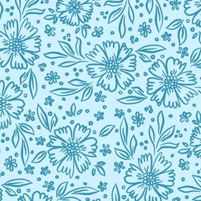 Floral blue line drawing flowers medium scale