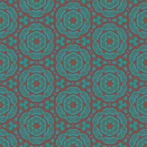 Block Printed Peacock Floral 2_Teal Green on Red 