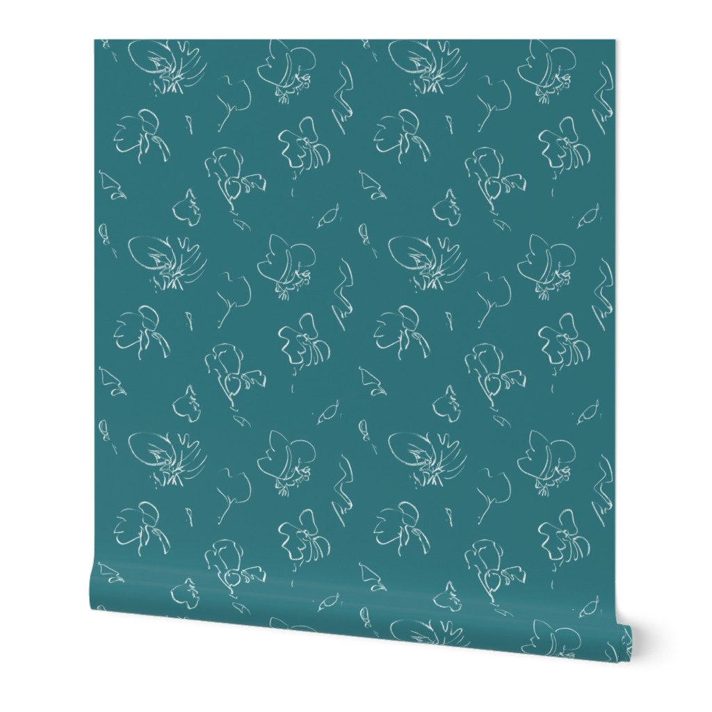 Teal White Floral Abstract Expressionist Drawing