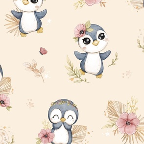 Boho Penguin - beige - wallpaper