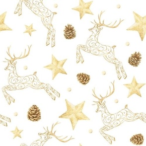 Decorative golden yellow deers and stars, forest cones  on white.  Christmas watercolor pattern