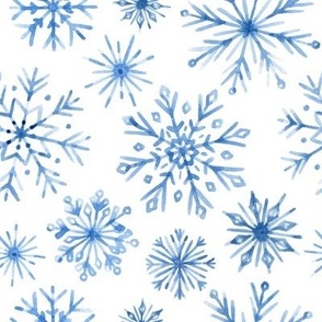 Watercolor Christmas blue snowflakes  on white background