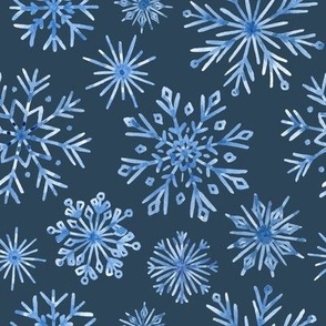 Watercolor Christmas blue snowflakes  on dark background