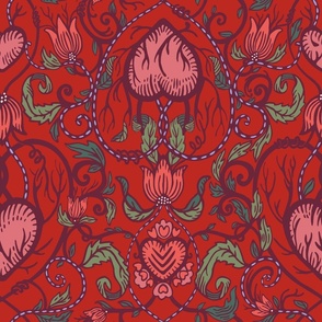 Beating hearts victorian red poppy_Large scale_perfect for romantic bedding and wallpaper.