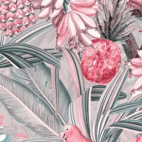 costumer request: Largest - 33" Pierre-Joseph Redouté tropicals Lush tropical vintage Jungle blossoms summer bird paradise in pink 