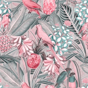 costumer request: 18" Pierre-Joseph Redouté tropicals Lush tropical vintage Jungle blossoms summer bird paradise in pink sepia 