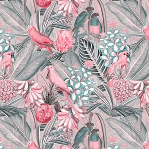 costumer request: 14" Pierre-Joseph Redouté tropicals Lush tropical vintage Jungle blossoms summer bird paradise in pink 