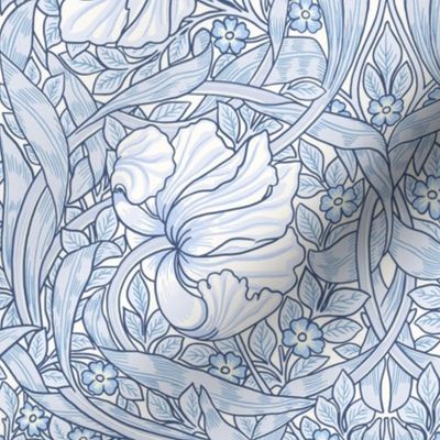 Pimpernel - MEDIUM - historic Antiqued damask by William Morris - blue white linen effect adaption pimpernell