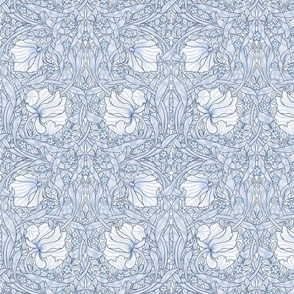 Pimpernel - SMALL - historic Antiqued damask by William Morris - blue white linen effect adaption pimpernell
