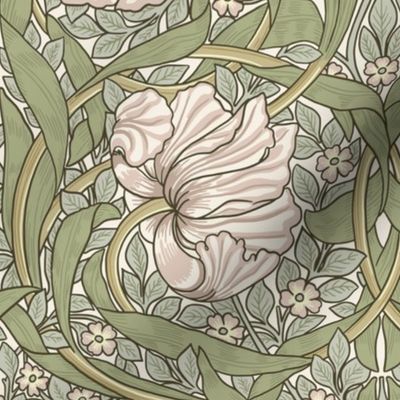 Pimpernel - LARGE - historic Antiqued damask by William Morris - light sage and peach adaption pimpernell