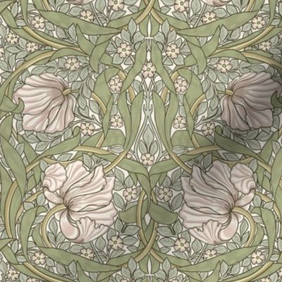 Pimpernel -SMALL - historic Antiqued damask by William Morris - light sage and peach adaption pimpernell
