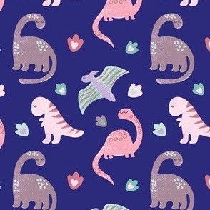 Pink Dinosaurs with footprints on cobalt blue