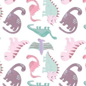 Scattered Pink and Green Dinosaurs on White