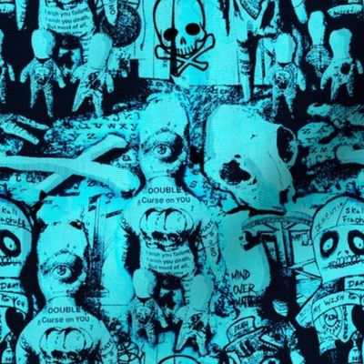 New Orleans Teal Blue Voodoo Doll Quilt Bones Skull Hex Spell Witchy Decor Gothic 