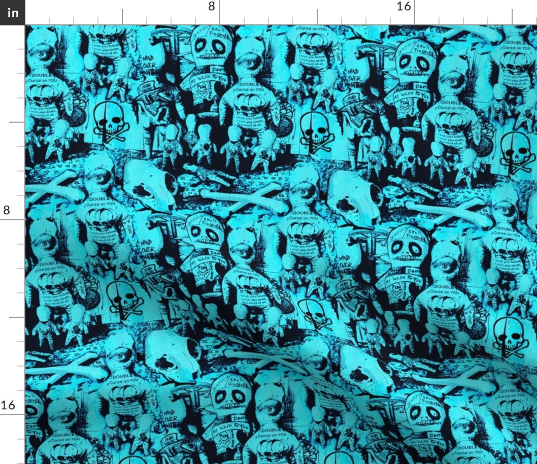 New Orleans Teal Blue Voodoo Doll Quilt Bones Skull Hex Spell Witchy Decor Gothic 