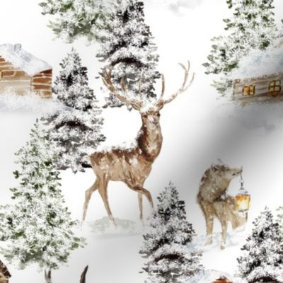 Snowy winter landscape with magical vintage shiny houses and watercolor  animals like deer fox wolf  in snow winter wonderland