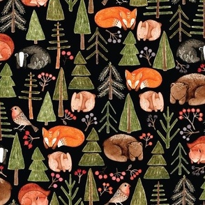 Forest Animals - hand-drawn Watercolor Animal Pattern on dark background