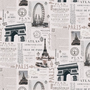 Vintage Paris Nostalgia Collage Beige Grey Smaller Scale