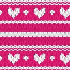 Small scale // Extra long love // white Valentine's Day fair isle hearts in fuchsia pink 