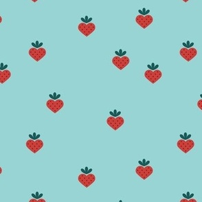 Love Strawberry - Valentine Fruit garden retro style red on teal blue