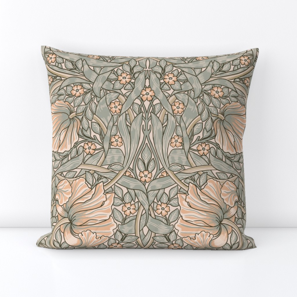 Pimpernel - LARGE - historic Antiqued damask by William Morris - peach sage  adaption pimpernell