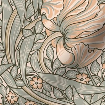 Pimpernel - LARGE - historic Antiqued damask by William Morris - peach sage  adaption pimpernell